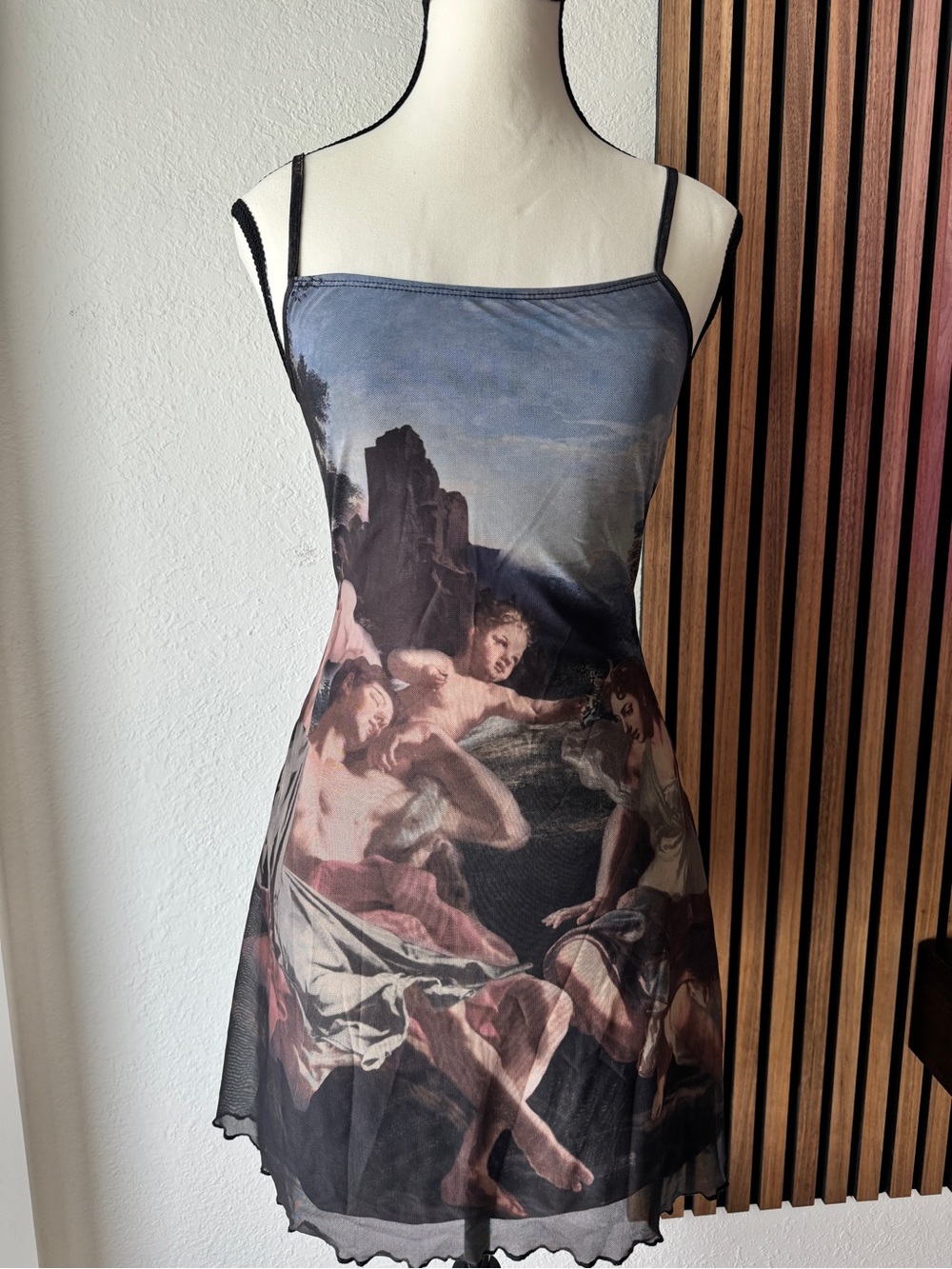 Y2K renaissance angel print sheer mini dress